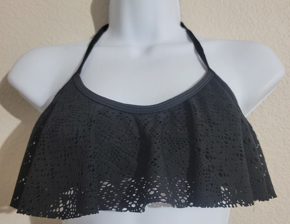 Hot Water Black Crochet Fabric Over Bodice Bikini Top Small Tie Neck Hook Back